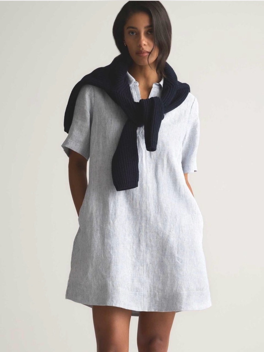 Quince 100% European Linen Popover Mini Dress Blue Pinstripe M Summer Pockets - Picture 5 of 15